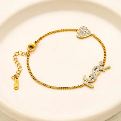 304 Stainless Steel Pave Heart & Monogram Chain Bracelet