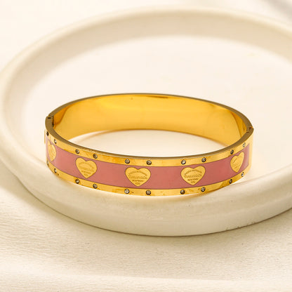 304 Stainless Steel Color-Inlay Heart Pattern Bangle Bracelet