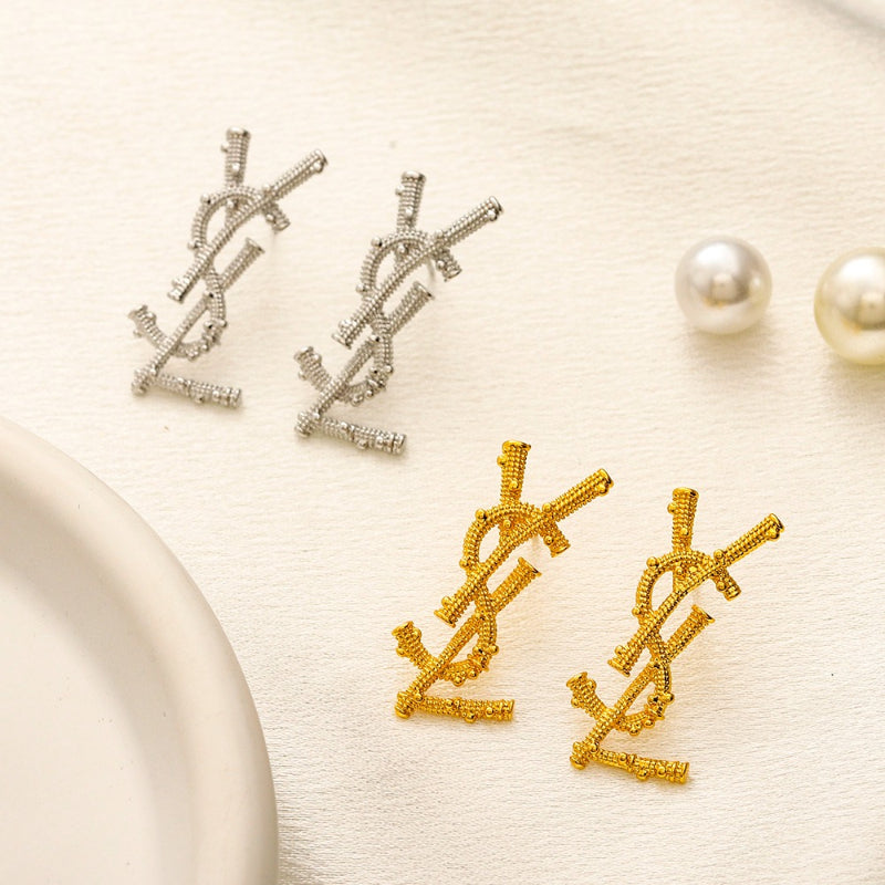 304 Stainless Steel Pave Vertical Monogram Stud Earrings