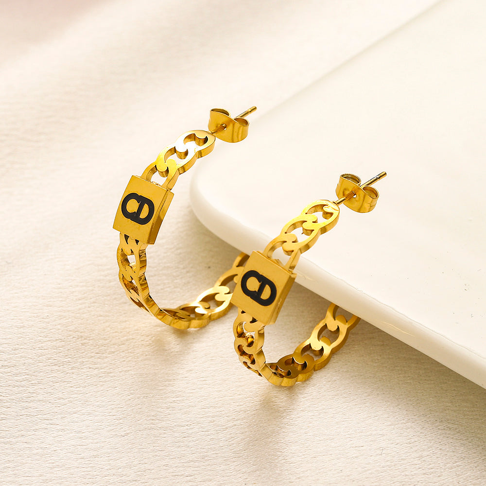 304 Stainless Steel Letter-Accent Chain Hoop Earrings
