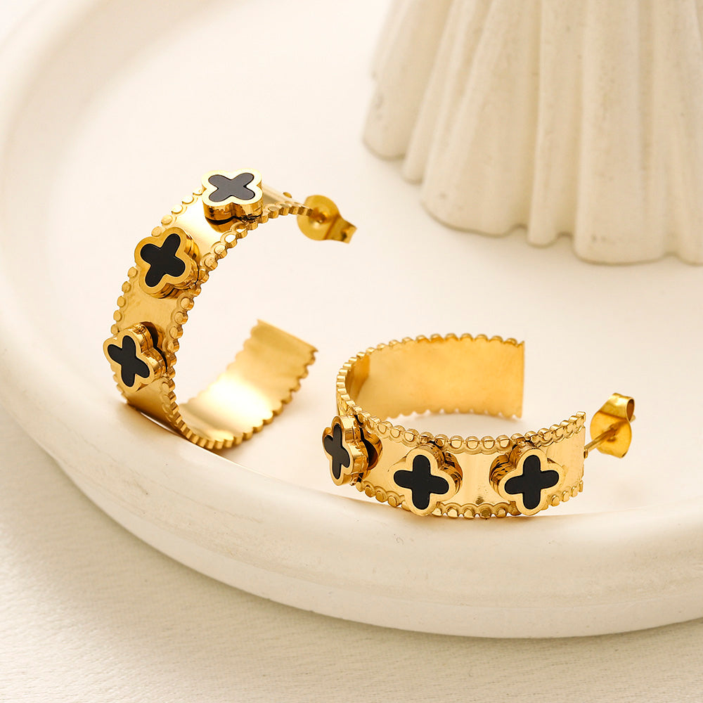 304 Stainless Steel Quatrefoil Inlay Hoop Earrings