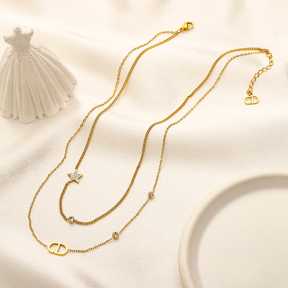 304 Stainless Steel Layered Bar & Monogram Necklace