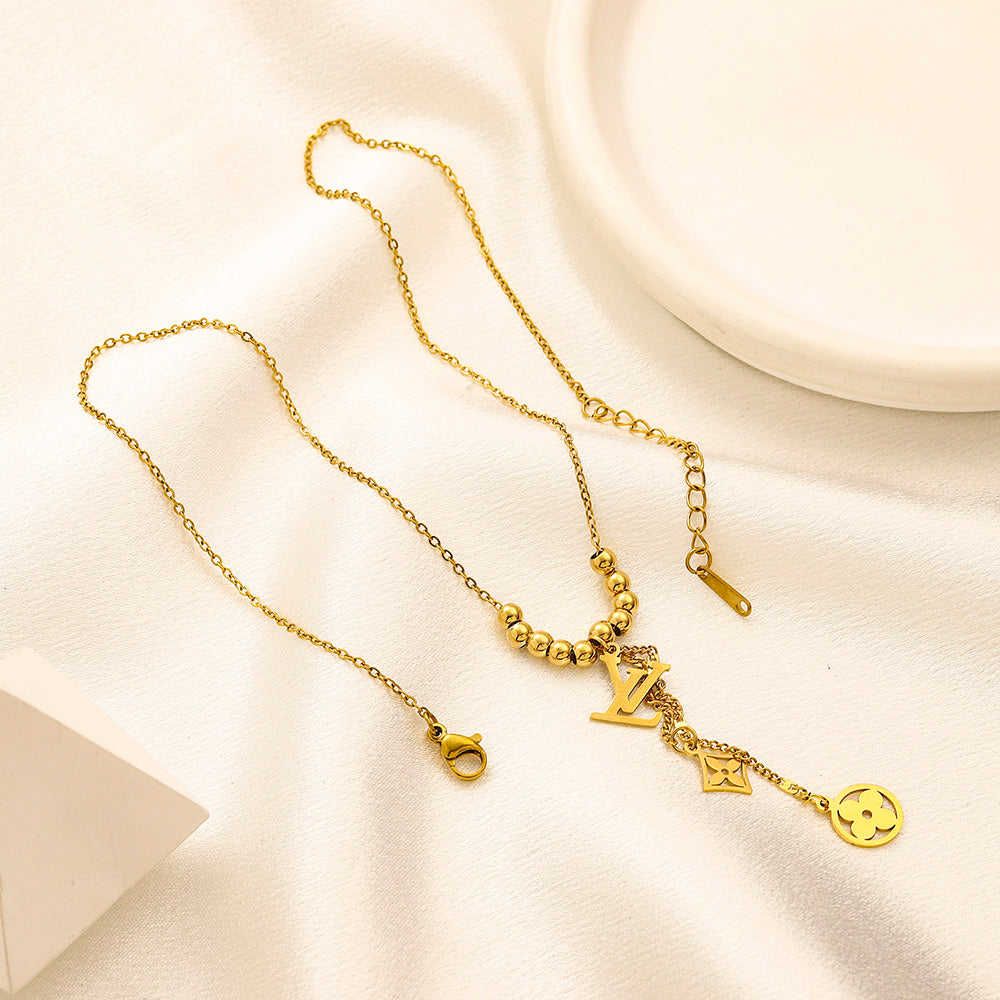 304 Stainless Steel Floral Monogram Charm Y-Necklace