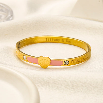 304 Stainless Steel Colorful Heart Stone-Accent Bangle Bracelet