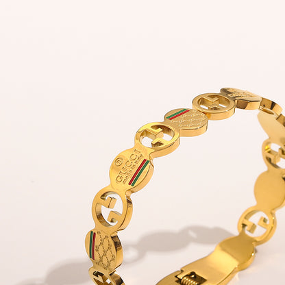 304 Stainless Steel Cutout Double-G Station Bangle Bracelet