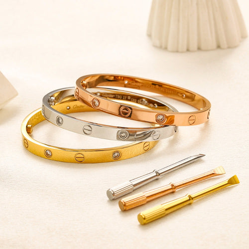 304 Stainless Steel Stone-Accent Screw-Detail Bangle Bracelet