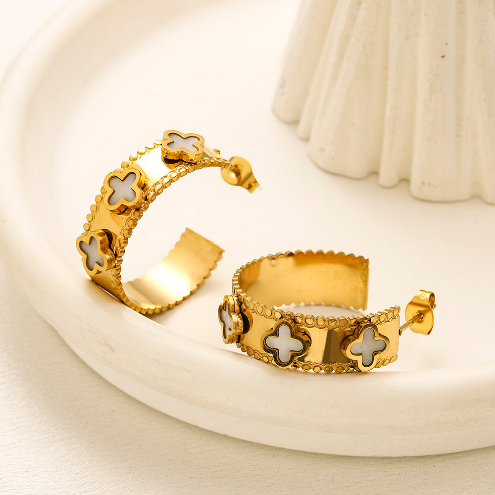 304 Stainless Steel Quatrefoil Inlay Hoop Earrings