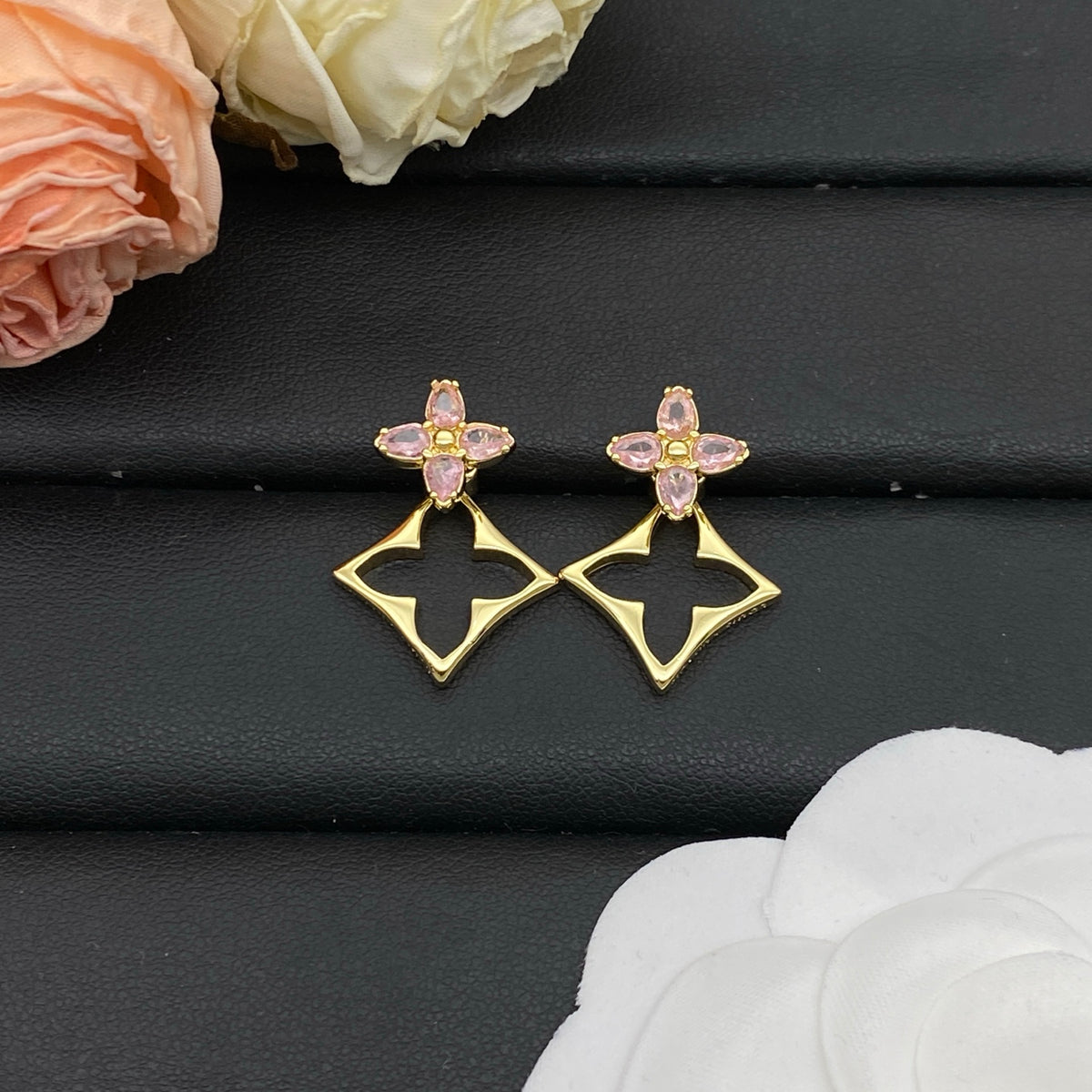 Pave Flower & Openwork Floral Drop Earrings