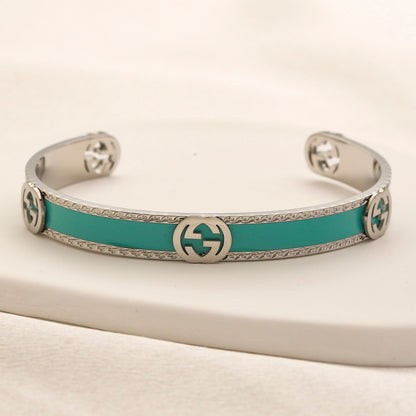 304 Stainless Steel Turquoise Inlay Interlocking-G Cuff Bracelet