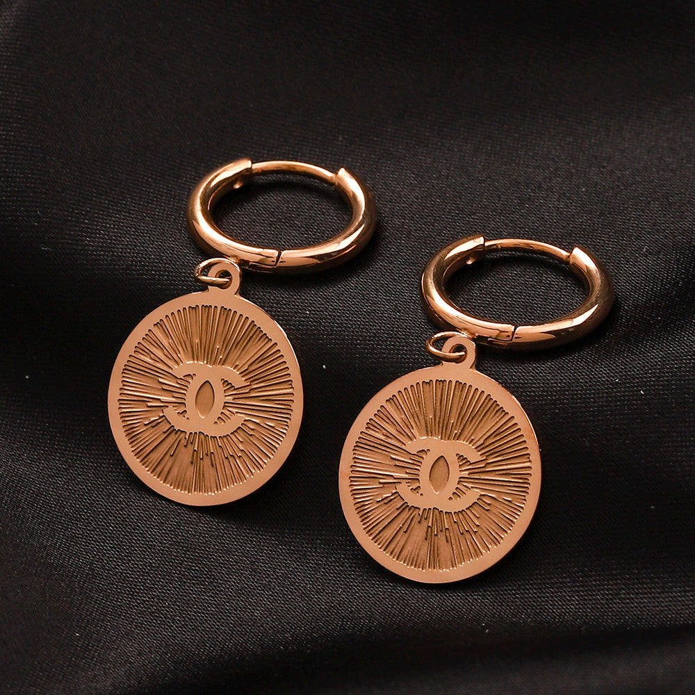 304 Stainless Steel Engraved Medallion Charm Hoop Earrings