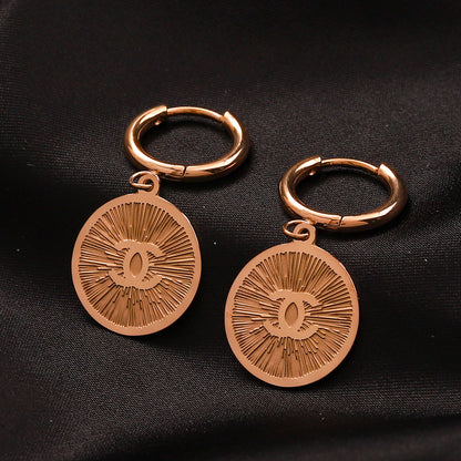 304 Stainless Steel Engraved Medallion Charm Hoop Earrings