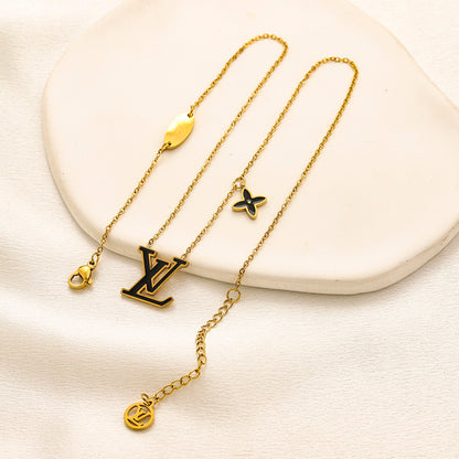 304 Stainless Steel Color-Inlay Monogram & Flower Necklace