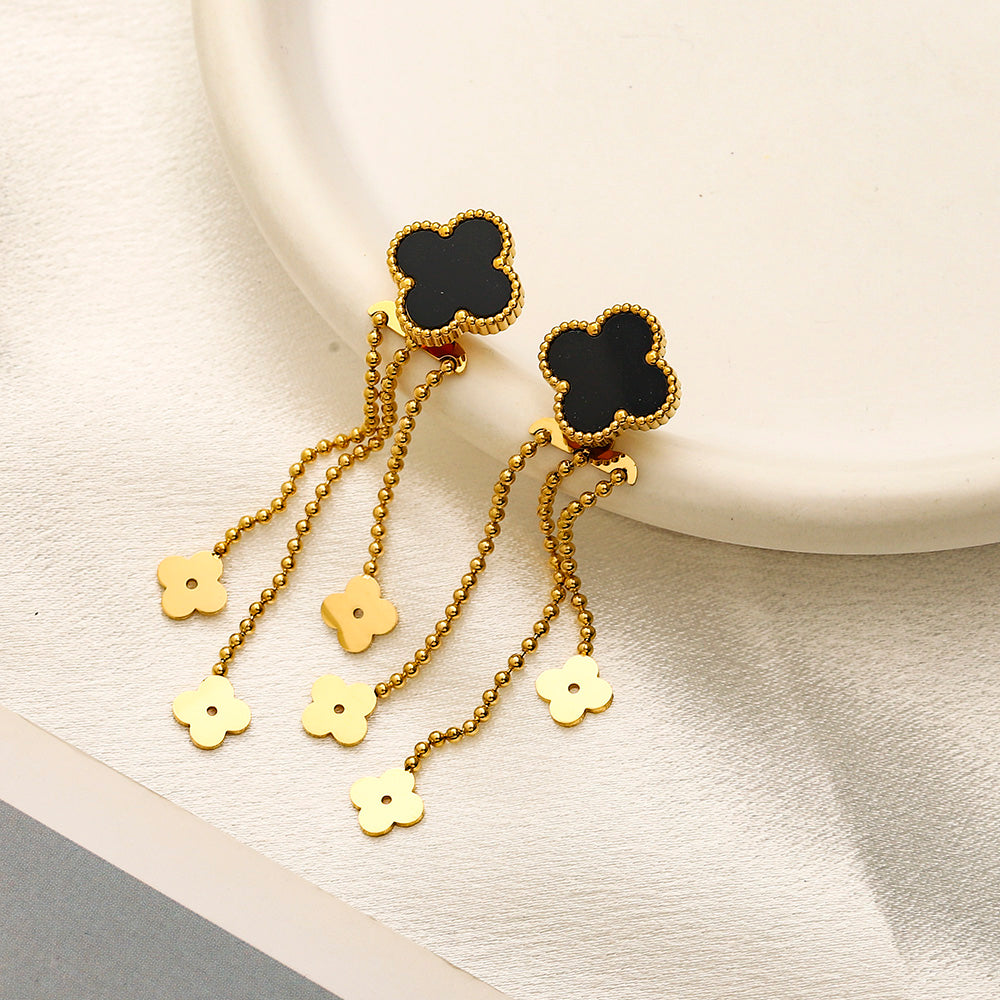 304 Stainless Steel Quatrefoil Chain Tassel Earrings