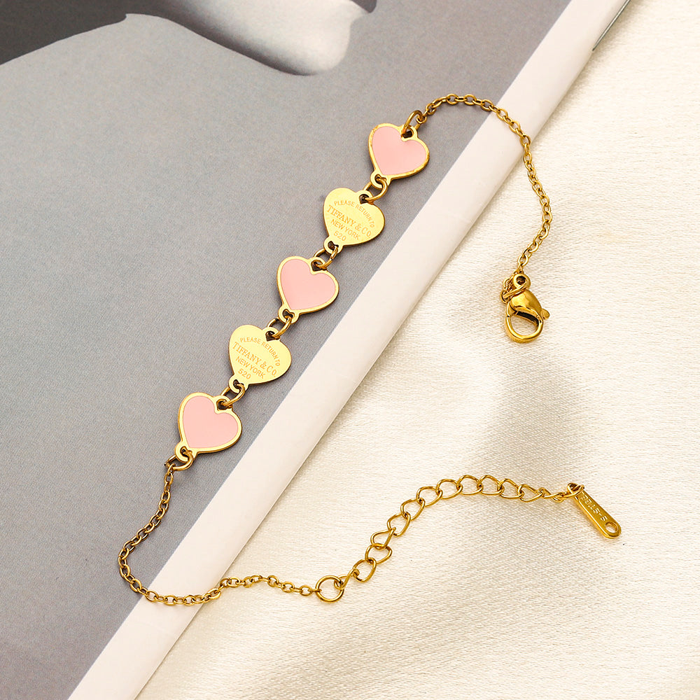 304 Stainless Steel Pink Heart Station Chain Bracelet