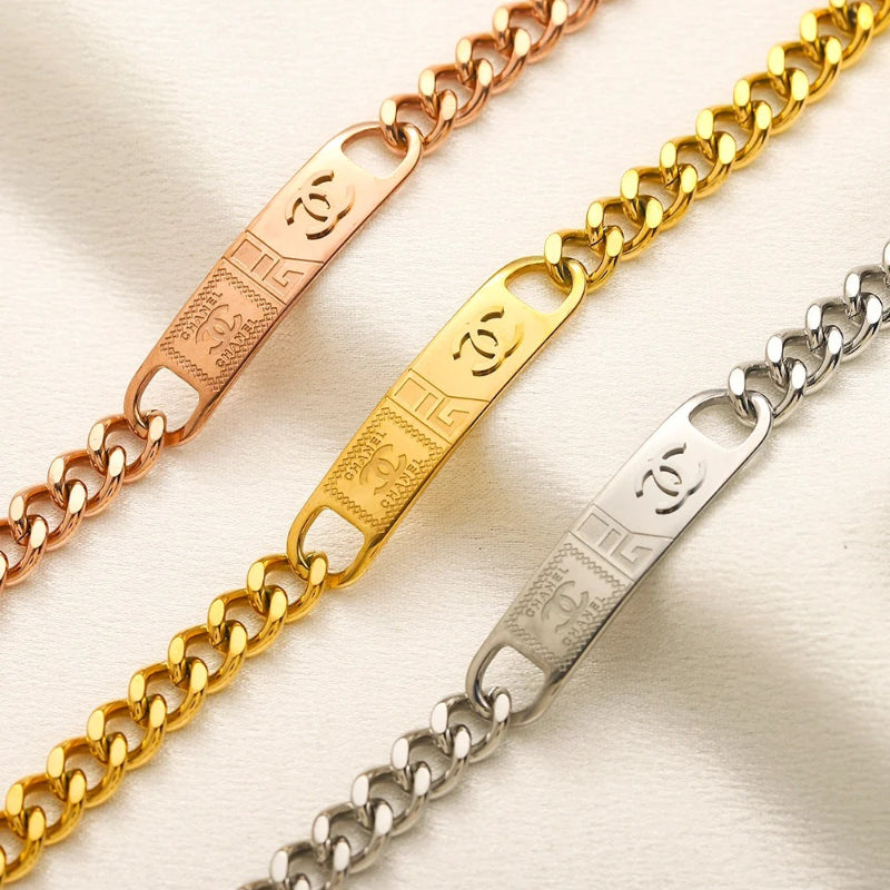 304 Stainless Steel Engraved Monogram Plate Chain Bracelet