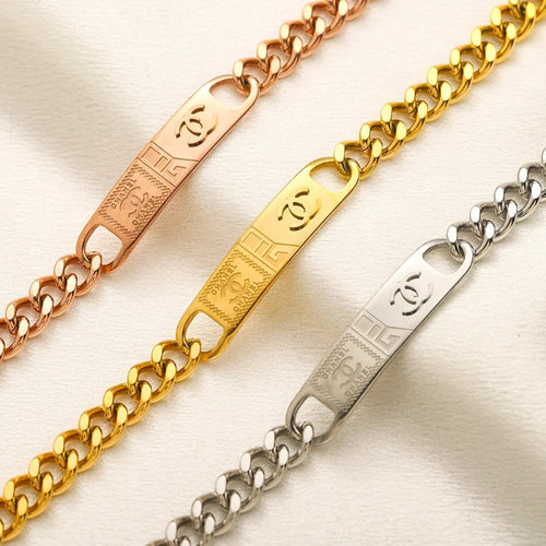 304 Stainless Steel Engraved Monogram Plate Chain Bracelet