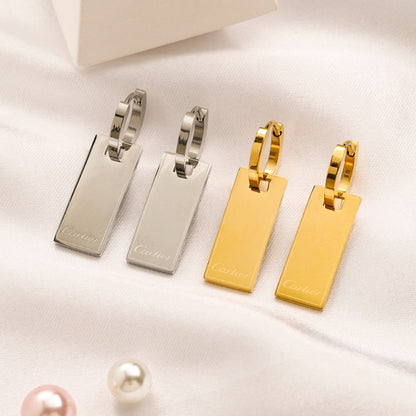 304 Stainless Steel Rectangle Tag Charm Huggie Earrings