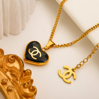 304 Stainless Steel Color-Inlay Interlocking-C Heart Necklace