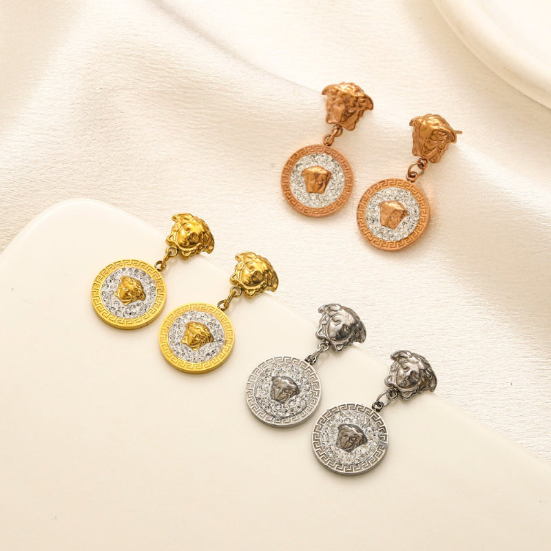 304 Stainless Steel Pave Round Medallion Drop Earrings