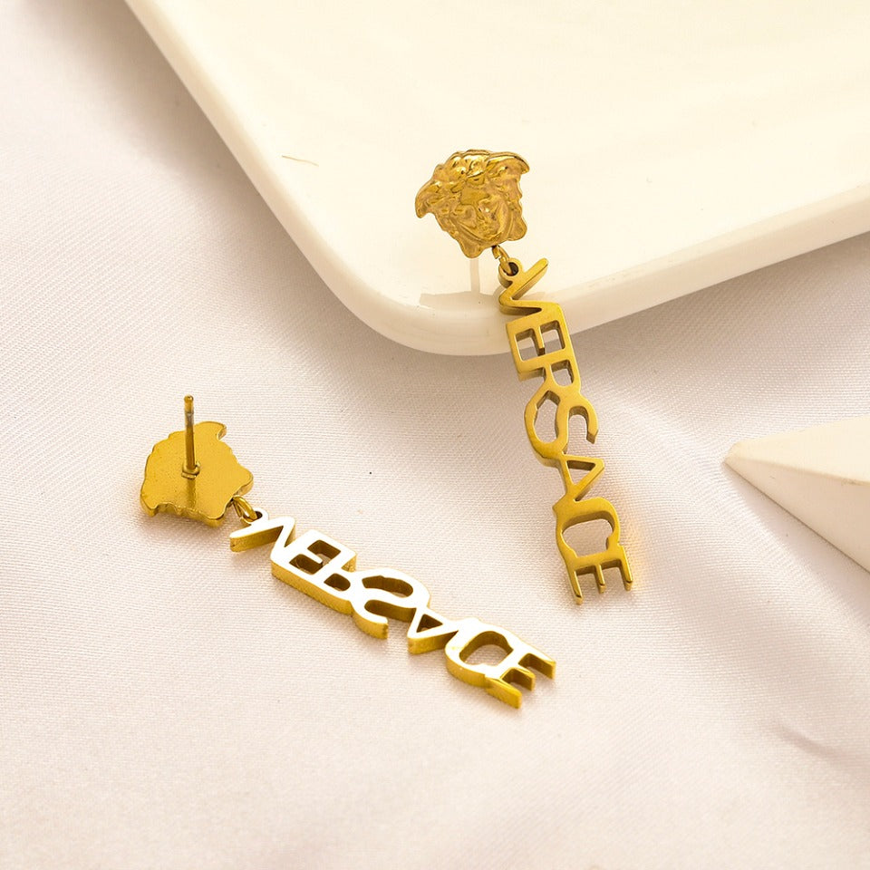 304 Stainless Steel Medusa & Vertical Letter Drop Earrings