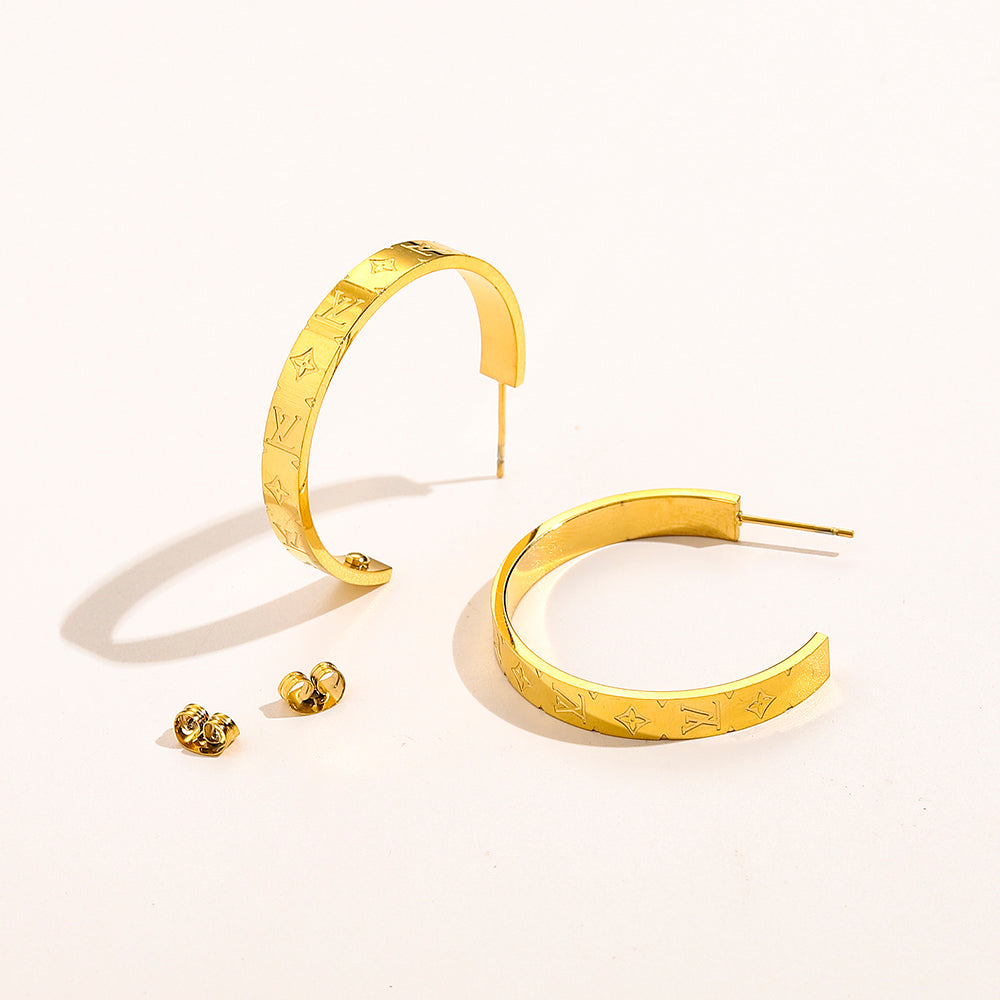 304 Stainless Steel Engraved Flat Band Hoop Earrings