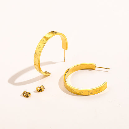 304 Stainless Steel Engraved Flat Band Hoop Earrings
