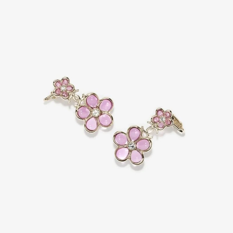 Pink Double Flower Drop Earrings