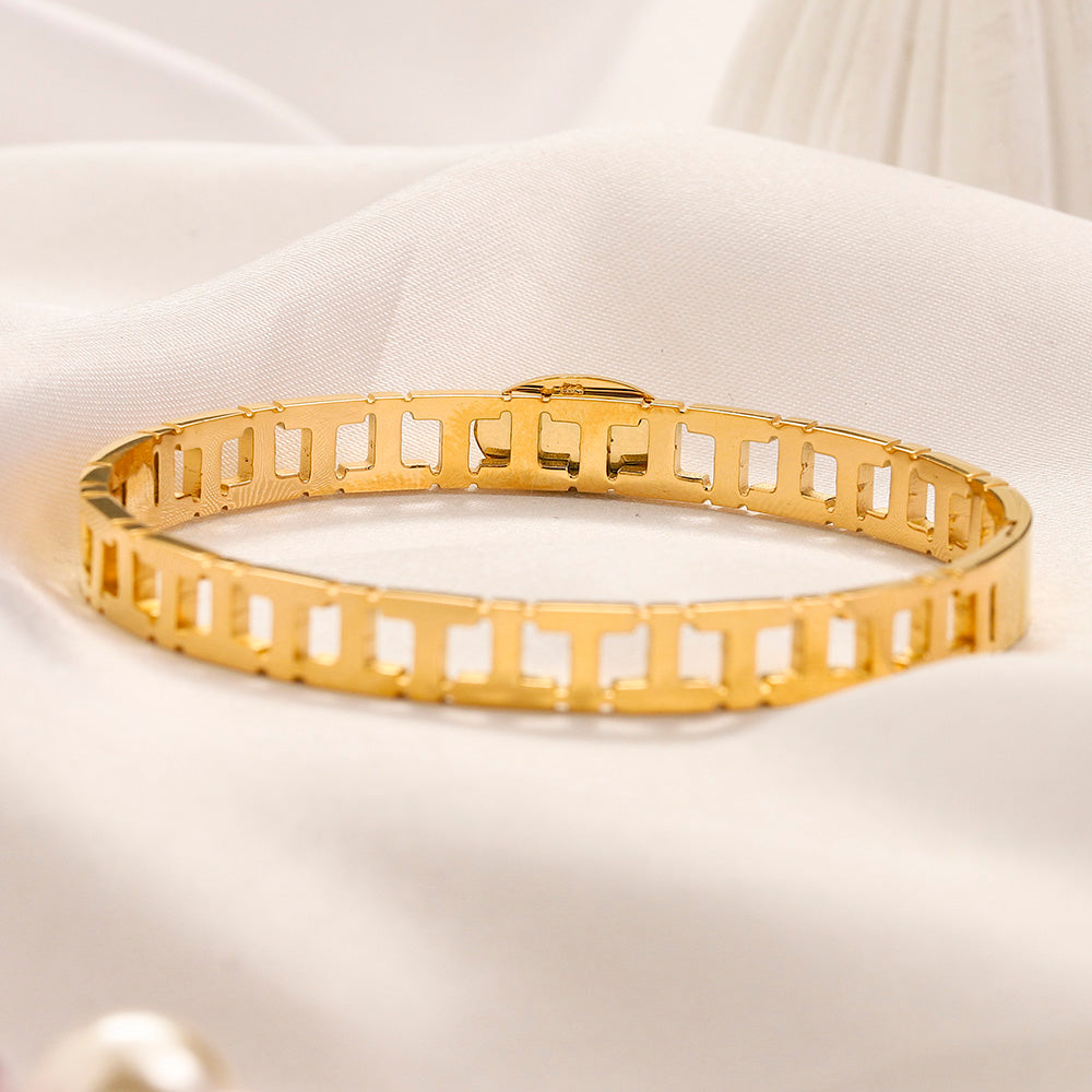 304 Stainless Steel Openwork Rectangle-Link Bangle Bracelet
