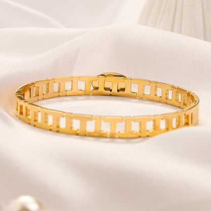 304 Stainless Steel Openwork Rectangle-Link Bangle Bracelet