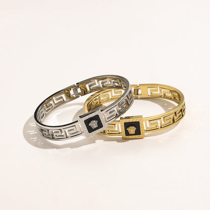 304 Stainless Steel Greek-Key Square Medallion Bangle Bracelet