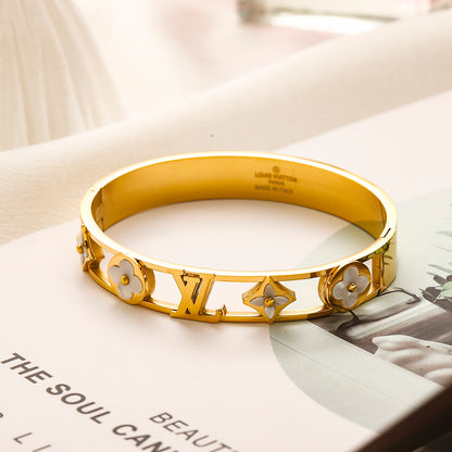 304 Stainless Steel Openwork Floral Monogram Bangle Bracelet