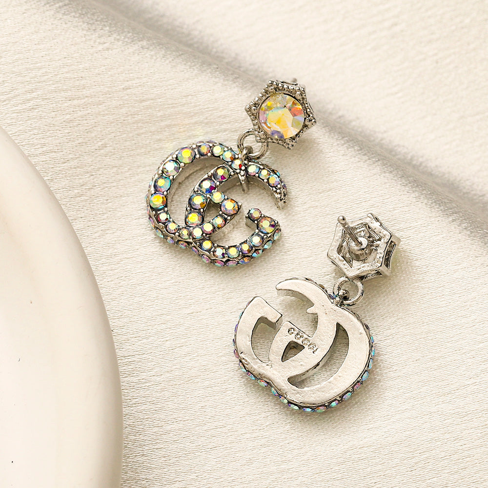 304 Stainless Steel Flower & Pave Interlocking-G Drop Earrings