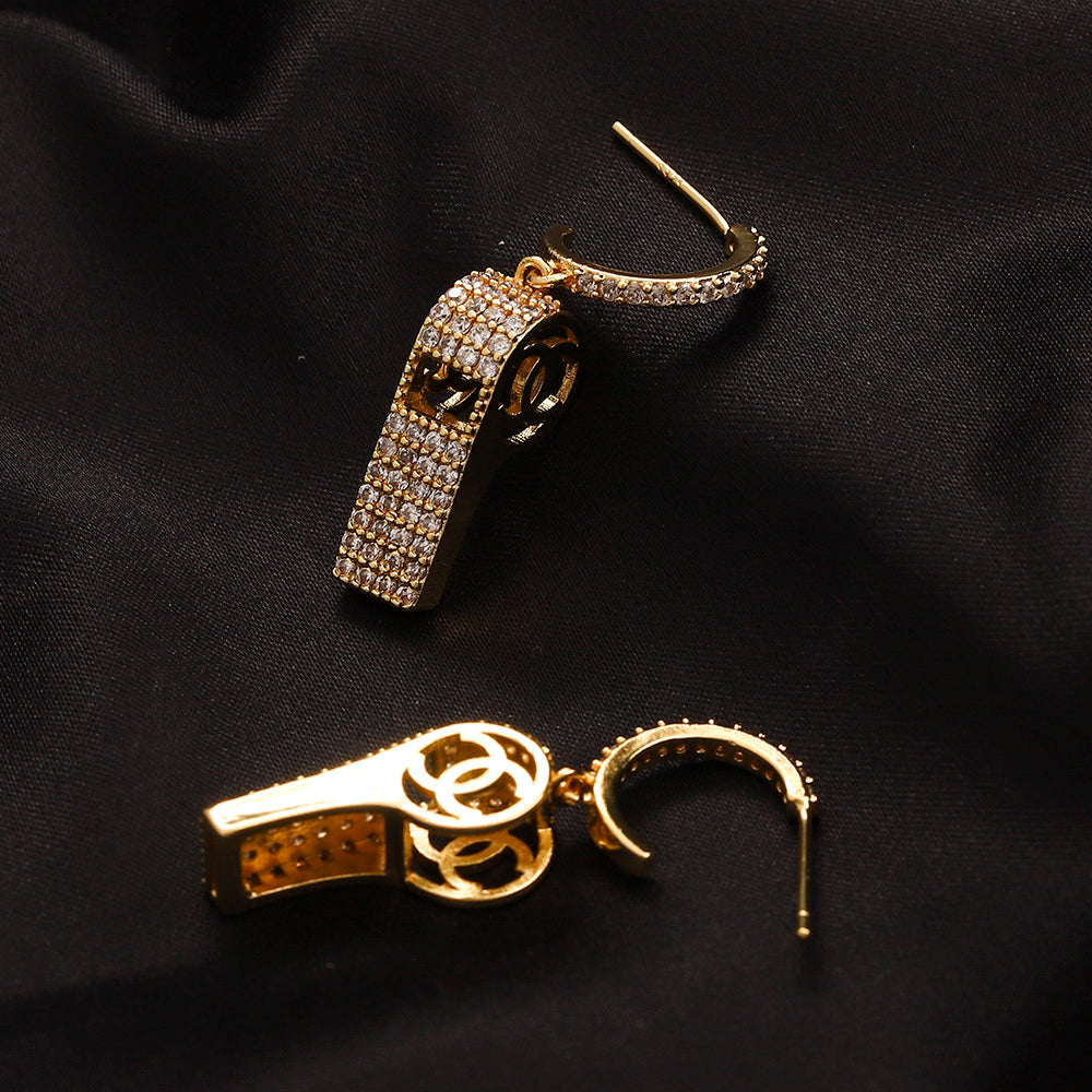 304 Stainless Steel Pave Key Charm Hoop Earrings