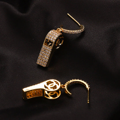 304 Stainless Steel Pave Key Charm Hoop Earrings