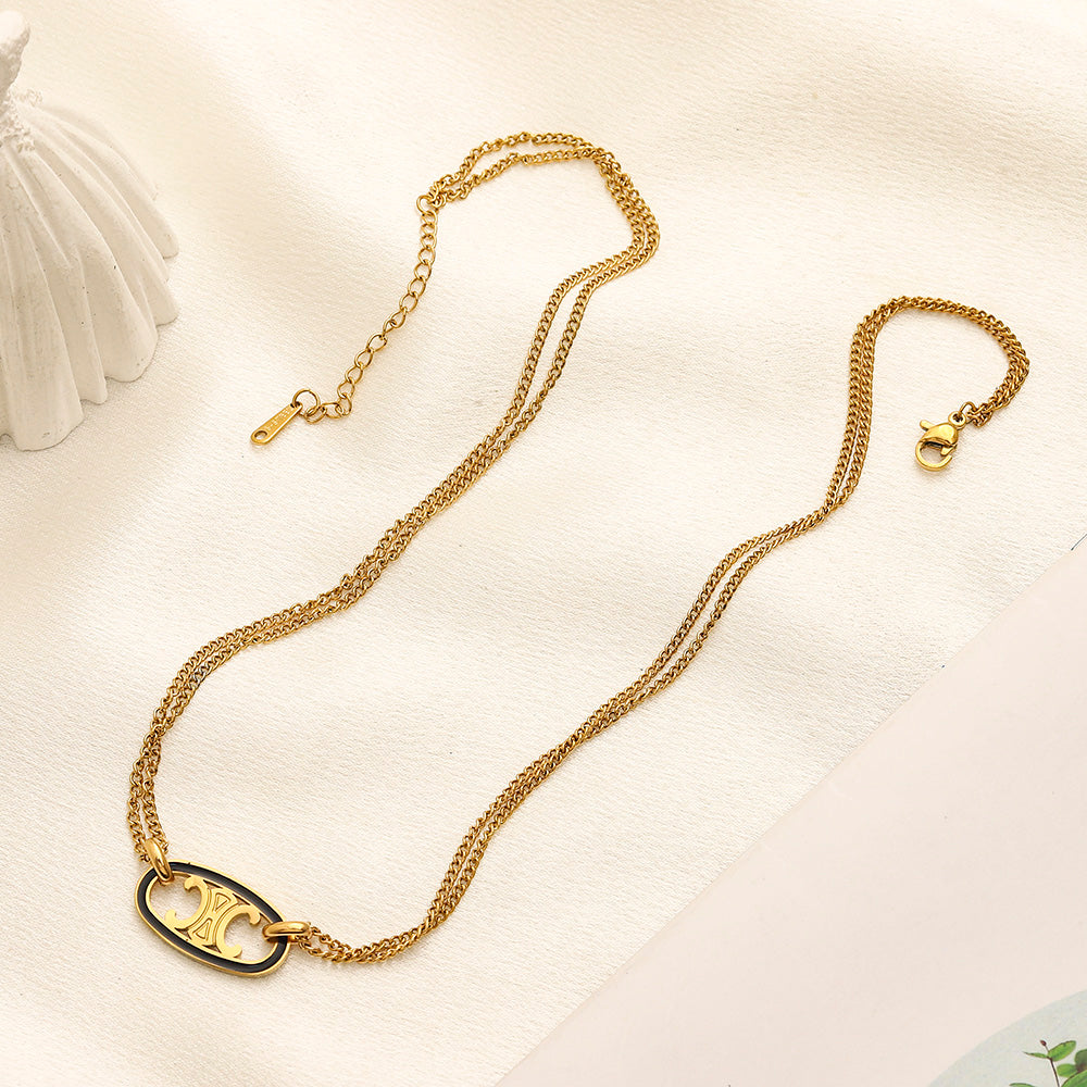 304 Stainless Steel Double Chain Oval Pendant Necklace