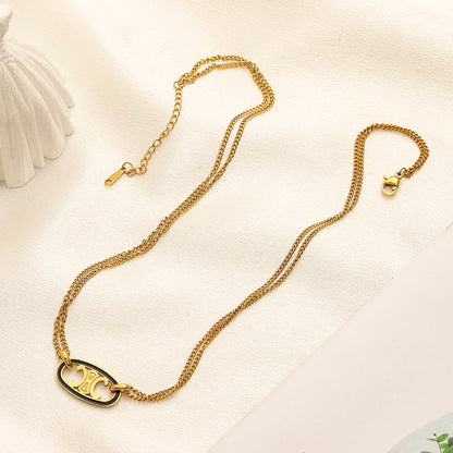 304 Stainless Steel Double Chain Oval Pendant Necklace