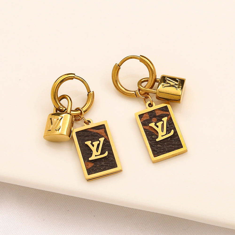 304 Stainless Steel Padlock & Black Tag Charm Hoop Earrings
