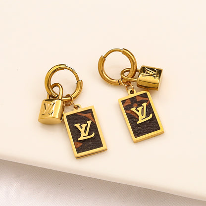 304 Stainless Steel Padlock & Black Tag Charm Hoop Earrings