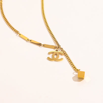 304 Stainless Steel Interlocking-C Y-Necklace with Heart Drop