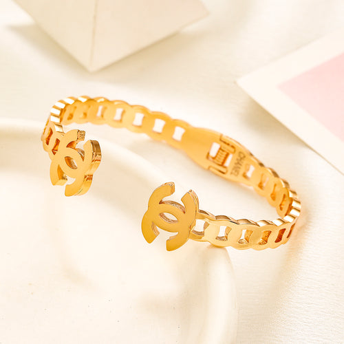 304 Stainless Steel Chain-Link Interlocking-C Cuff Bracelet