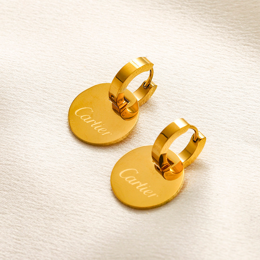 304 Stainless Steel Engraved Round Tag Huggie Earrings