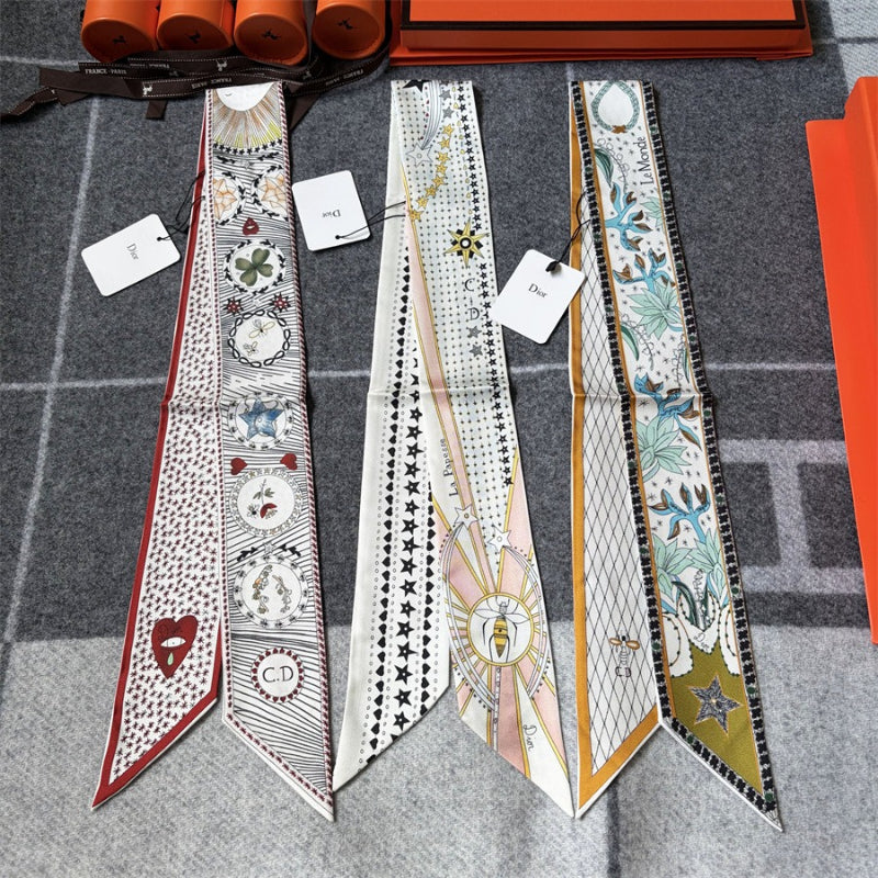 Medallion & Ornamental Print Ribbon Scarf - 5 x 120 cm