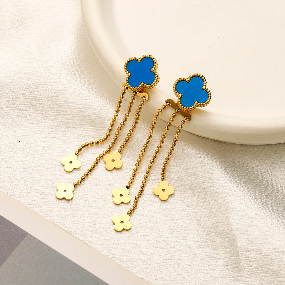 304 Stainless Steel Quatrefoil Chain Tassel Earrings