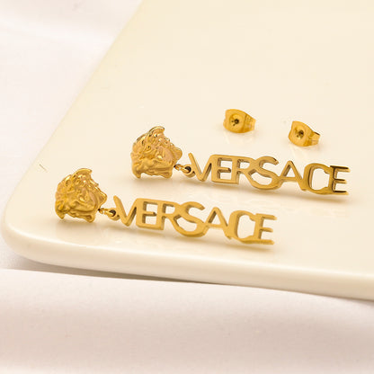304 Stainless Steel Medusa & Vertical Letter Drop Earrings