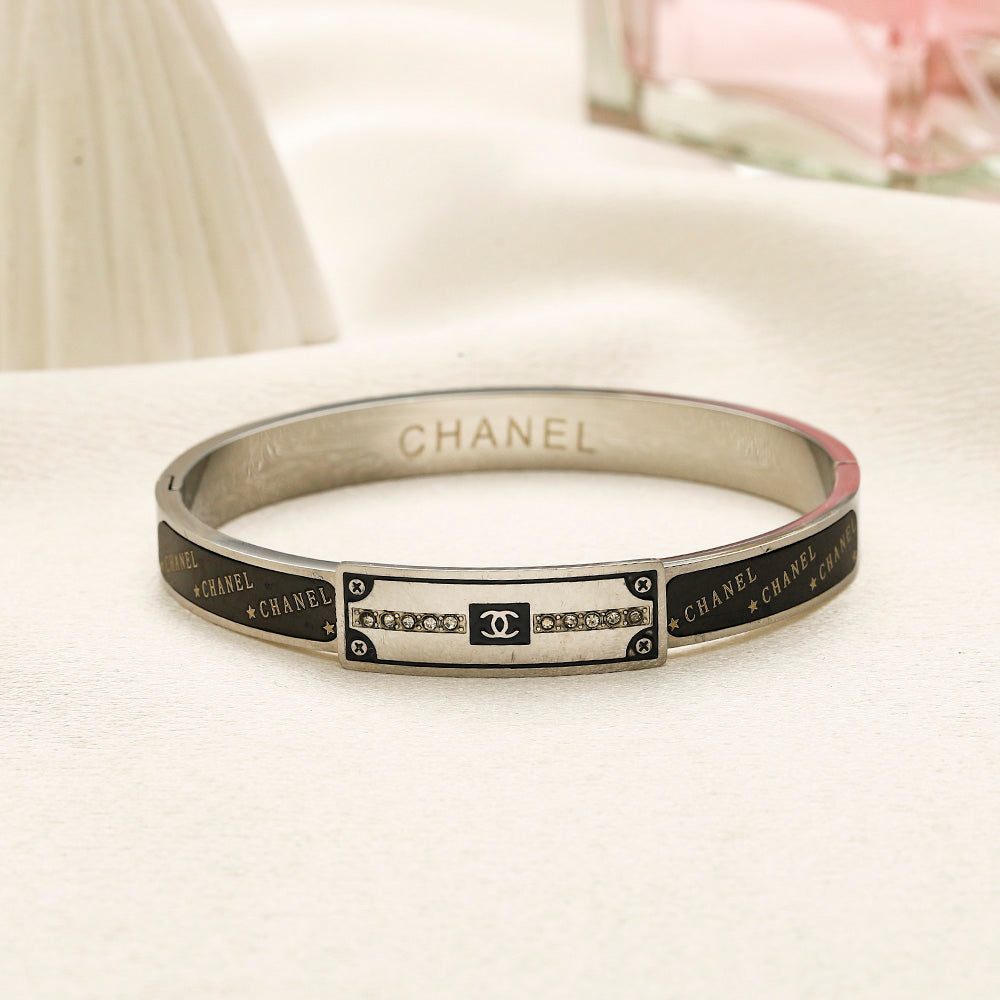 304 Stainless Steel Black Inlay Rectangle-Accent Bangle Bracelet