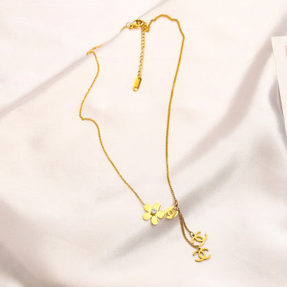 304 Stainless Steel Flower & Monogram Y-Drop Necklace