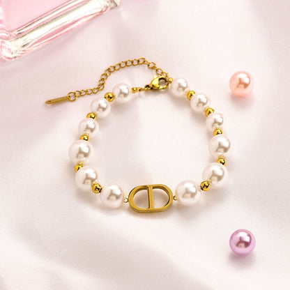 304 Stainless Steel Pearl-Look Bead Monogram Bracelet & Necklace - Individual or Set