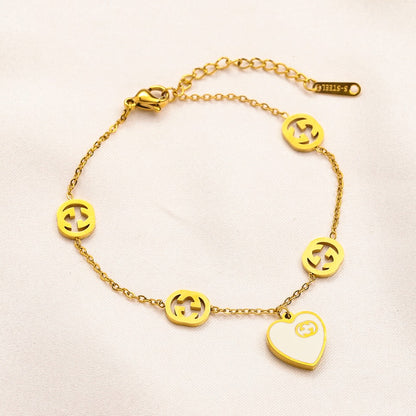 304 Stainless Steel Round Monogram & Heart Charm Bracelet