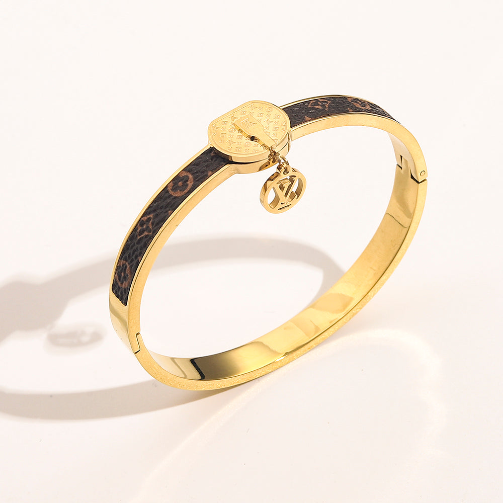 304 Stainless Steel Pave Color-Inlay Bangle with Round Charm