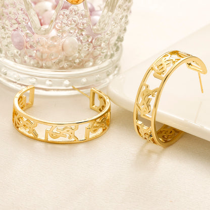 304 Stainless Steel Openwork Monogram Hoop Earrings